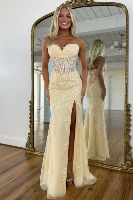 Ivory Sweetheart Lace Corset Mermaid Prom Dress Strapless with Split - Prom Dresses