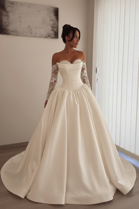Ivory Gorgeous Sweetheart Aline Wedding Dress Satin with Detachable Lace Sleeves