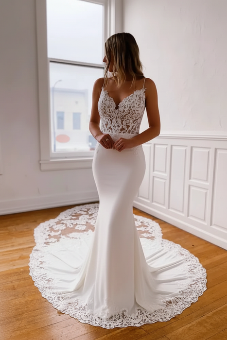 Ivory Sweetheart Spaghetti Straps Appliques Lace Mermaid Wedding Dresses with Train