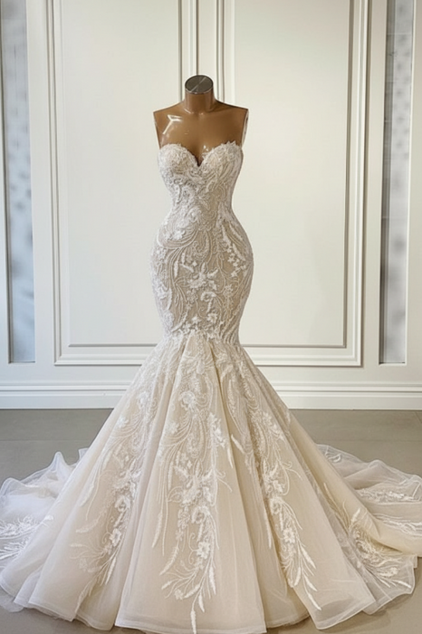 Champagne Sweetheart Strapless Long Mermaid Wedding Dress - wedding dress