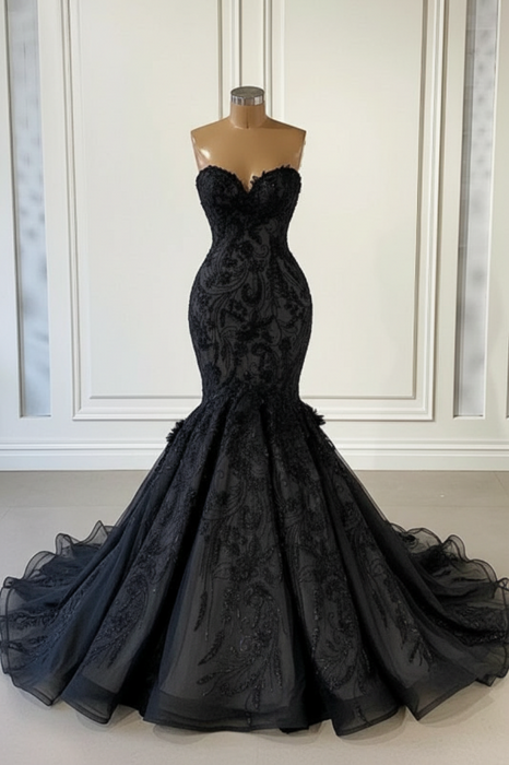 Black Sweetheart Strapless Long Mermaid Wedding Dress - wedding dress