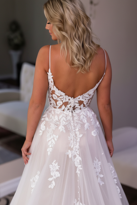 Ivory V Neck Backless Lace Aline Wedding Dresses
