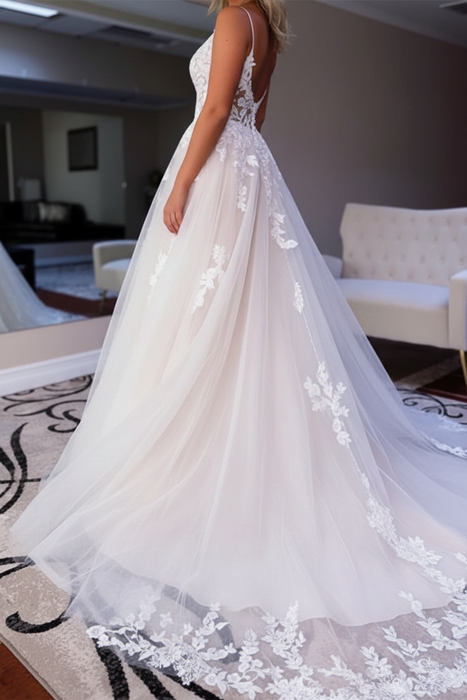 Ivory V Neck Backless Lace Aline Wedding Dresses