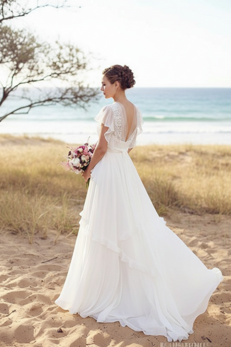 Ivory V Neck Chiffon Boho Unique Cap Sleeves Beach Wedding Dress