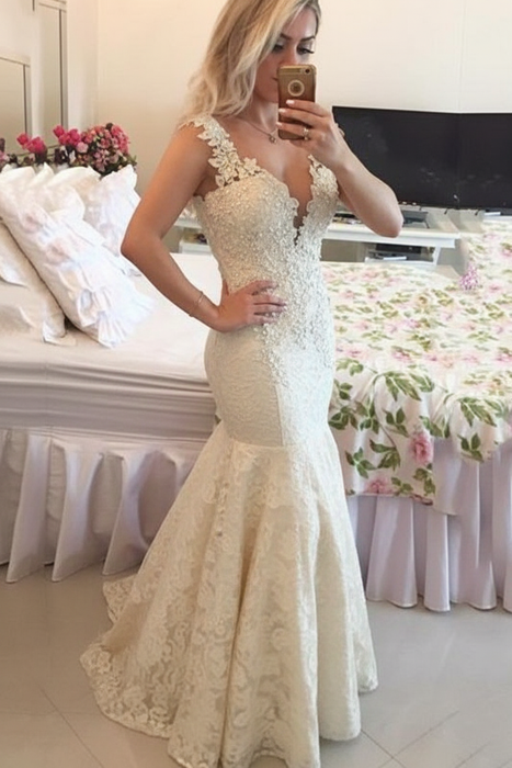 Ivory V-Neck Mermaid Prom Dress Lace Appliques Evening Gowns with Beadings - Prom Dresses