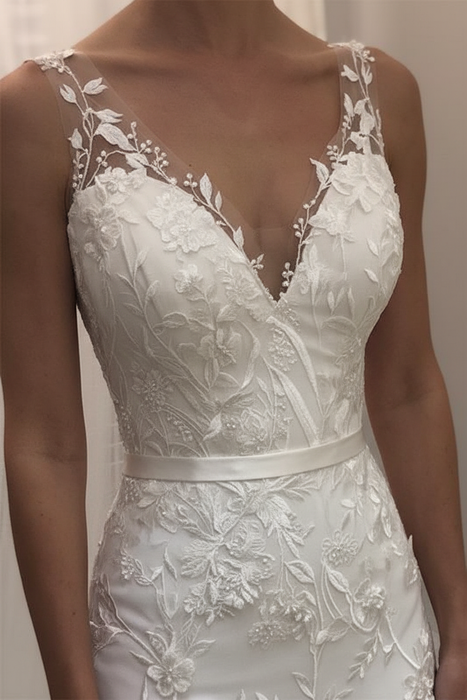 Ivory V Neck Sheath Sleeveless Backless Charming Lace Wedding Dress - Wedding Dresses