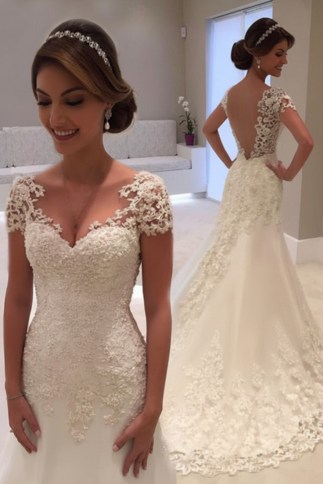 Ivory Affordable V-Neck Short Sleeves Lace Mermaid Wedding Dresses - wedding dresses