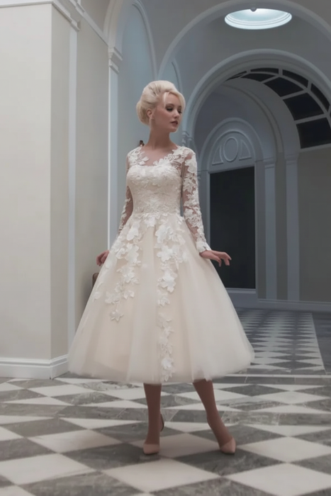 Ivory Tulle Aline Wedding Dress with Appliques Long Sleeves Tea Length Bridal Dress
