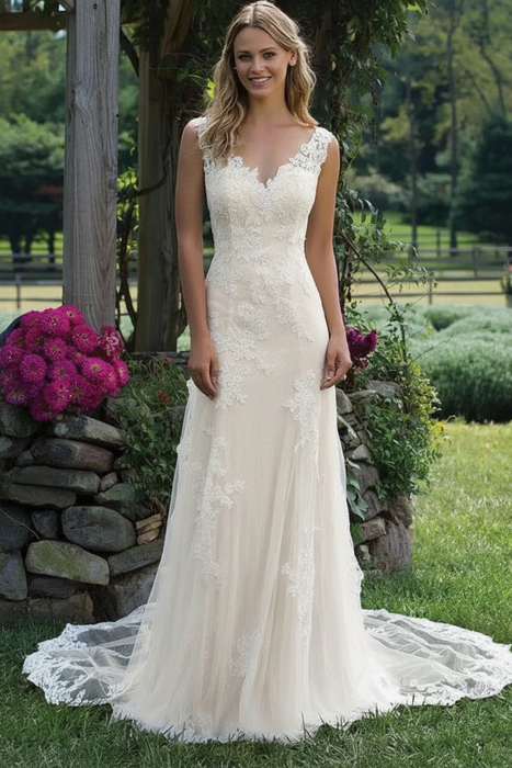Ivory Vintage V Neck Sleeveless Tulle Appliqued Wedding Dress - Wedding Dresses