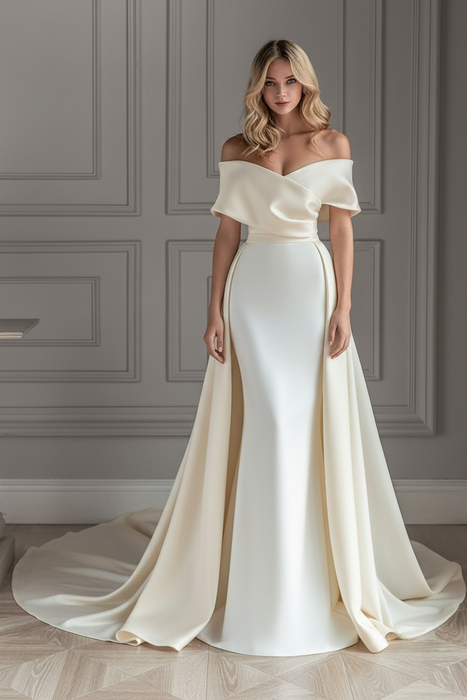 Ivory Vintage Wedding Dress With Train Satin Off The Shoulder Wedding Dress Pleated Mermaid Bridal Gowns - Wedding Dresses