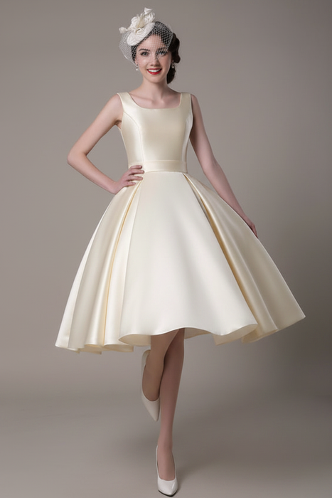 Ivory Wedding Dress Scoop Backless Knee Length Satin Wedding Gown misshow
