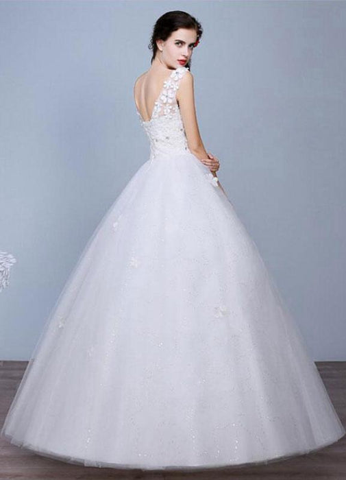Ivory Wedding Dress Sleeveless Semi-Sheer Jewel Neckline Lace A-Line Floor Length Bridal Gown