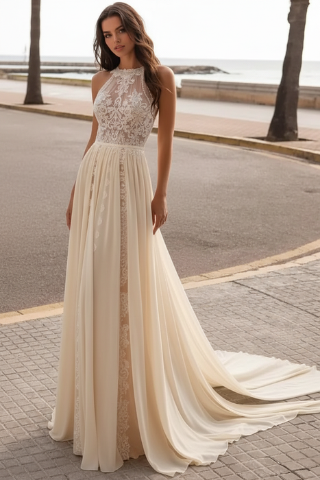 Ivory Wedding Dresses A Line With Court Train Sleeveless Applique Illusion Neckline Bridal Gowns