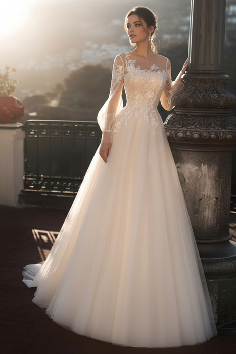 Ivory wedding dresses a line illusion neck long sleeve floor length tulle pleated bridal dress with train