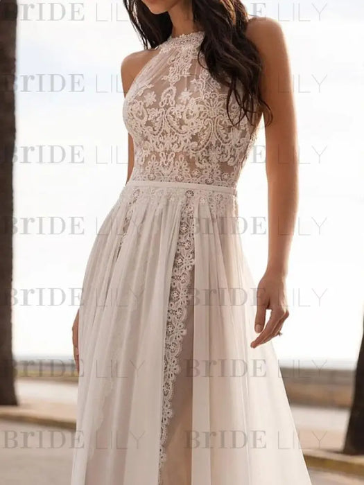 Ivory Wedding Dresses A Line With Court Train Sleeveless Applique Illusion Neckline Bridal Gowns