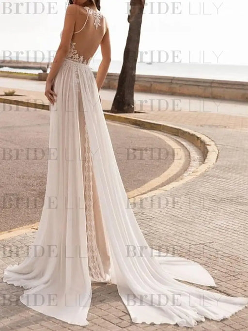 Ivory Wedding Dresses A Line With Court Train Sleeveless Applique Illusion Neckline Bridal Gowns