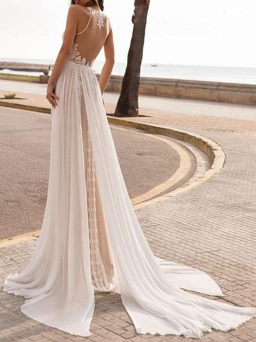 Ivory Wedding Dresses A Line With Court Train Sleeveless Applique Illusion Neckline Bridal Gowns