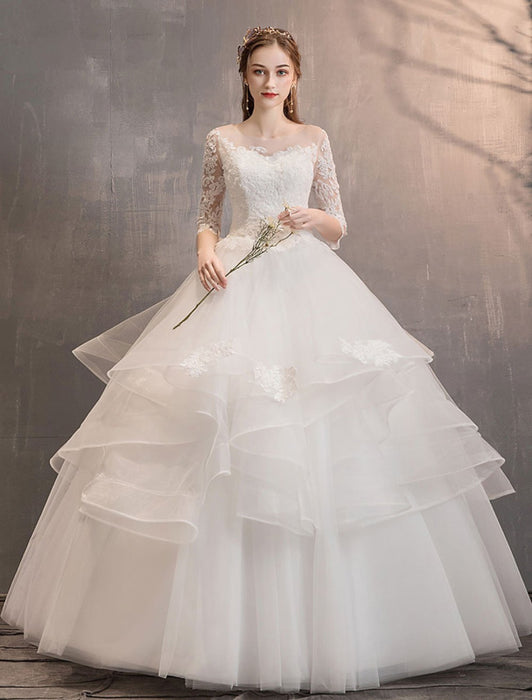 Ivory Wedding Dresses Tulle Illusion Neckline Half Sleeve Floor Length Princess Bridal Gown