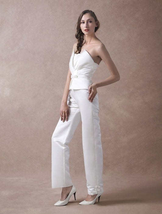 Wedding Jumpsuits Ivory Strapless Peplum Satin Bow Sash Long Bridal Jumpsuits