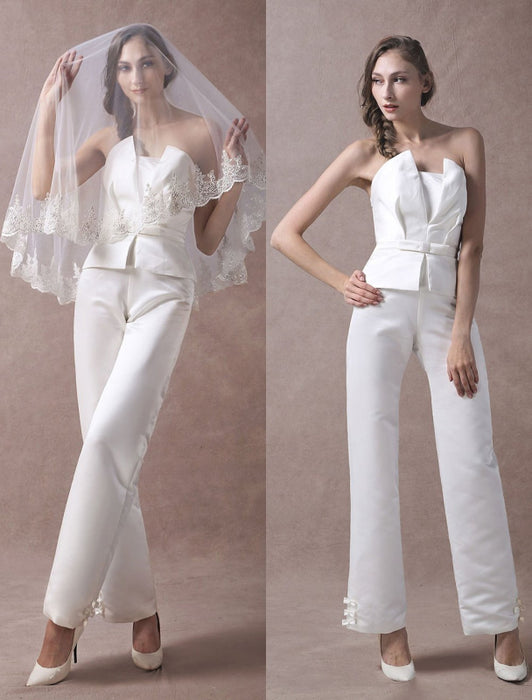 Wedding Jumpsuits Ivory Strapless Peplum Satin Bow Sash Long Bridal Jumpsuits