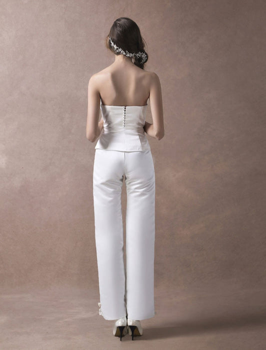 Wedding Jumpsuits Ivory Strapless Peplum Satin Bow Sash Long Bridal Jumpsuits