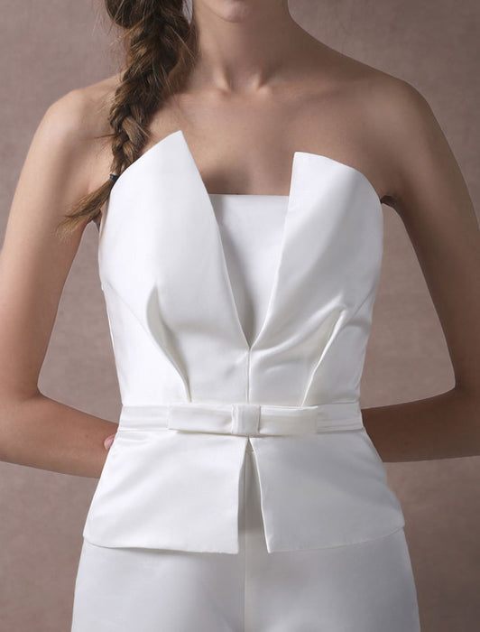 Wedding Jumpsuits Ivory Strapless Peplum Satin Bow Sash Long Bridal Jumpsuits