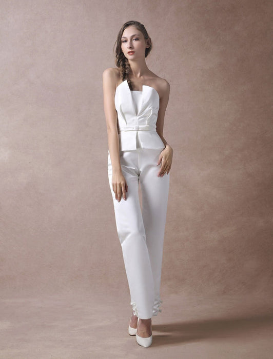 Wedding Jumpsuits Ivory Strapless Peplum Satin Bow Sash Long Bridal Jumpsuits