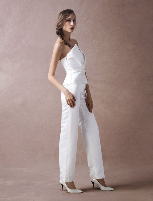 Wedding Jumpsuits Ivory Strapless Peplum Satin Bow Sash Long Bridal Jumpsuits