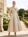 Gold jacquard pleated dress with pockets on model in champagne