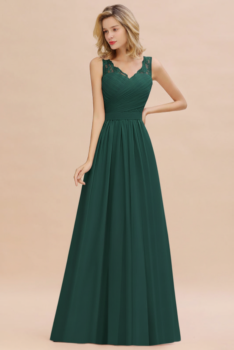 Jade Modest Floral Lace A-line Bridesmaid Dress V-Neck Floor Length Chiffon Wedding Guest Dress 