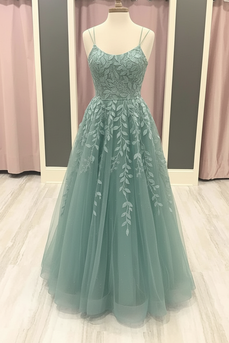 Jade A Line Lace Long Prom Dresses