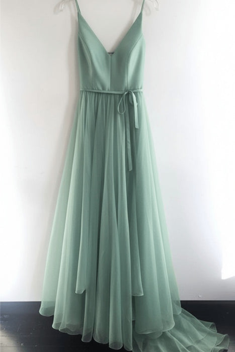 Jade A Line V Neck Spaghetti Straps Tulle Prom Dresses