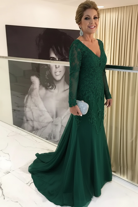 Jade Elegant Long Sleeves Lace mother of the bride dress V-Neck - Prom Dresses