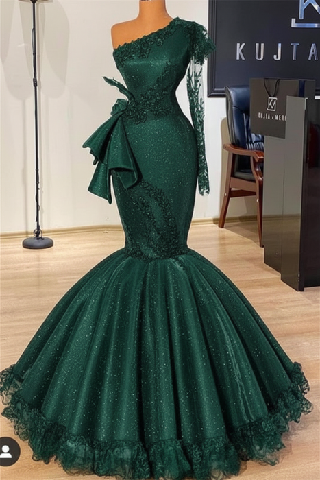 Jade Glitter Mermaid Prom Dress Long Sleeves Floral Lace Party Dress - Prom Dresses