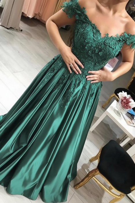 Jade Green Off-the-Shoulder Lace Applique Satin Aline Evening Dresses