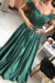 Jade Green Off-the-Shoulder Lace Applique Satin Aline Evening Dresses