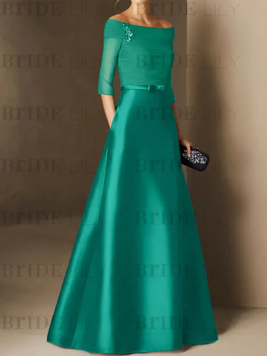Short-Sleeve Off-the-Shoulder A-Line Mother of the Bride Dress with Belt Applique