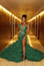Luxury Jade Mermaid Prom Dress Beadings V-neck Sleeveless Evening Dress with Slit