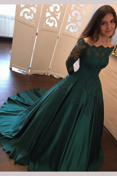Jade Off Shoulder Long Sleeve Ball Gown Appliques Satin Prom Dress - Prom Dresses