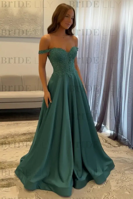 Jade Off-the-Shoulder A-line Evening Dress Lace Prom Dress Long