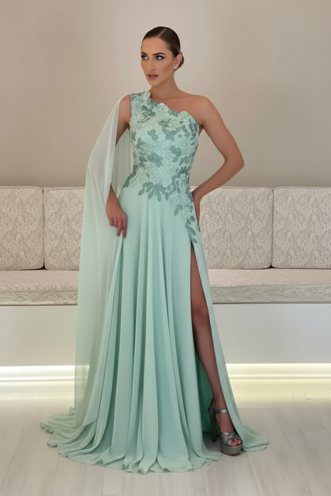 Jade One-Shoulder Sleeveless Chiffon Evening Dresses Long with Side Slit - Prom Dresses