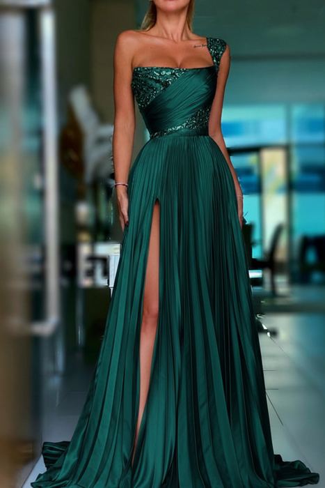 Jade Pleated A-Line One Shoulder Prom Dress Gown with Front Split - Prom Dresses