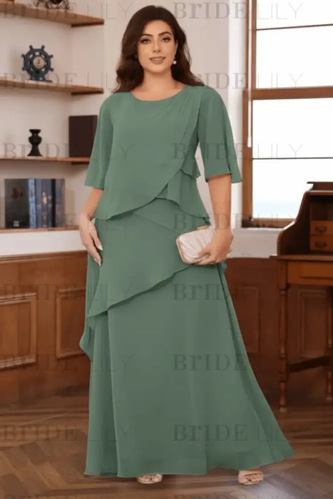 Jade Plus Size Ruffles Chiffon Mother of the Bride Dress Scoop Neck with Half Sleeves