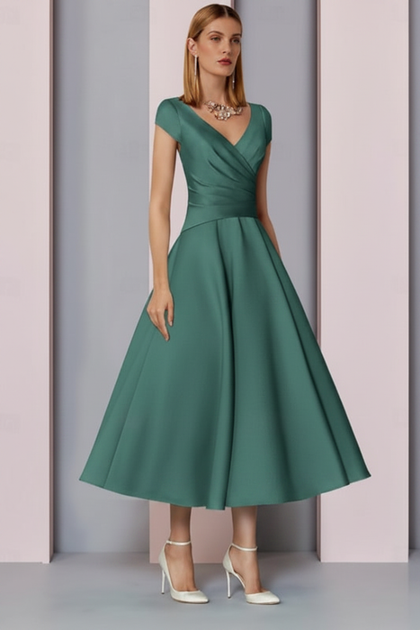 Jade Satin A-Line Mother of the Bride Dress V Neck Tea Length Wedding Guest Dress - Prom Dresses