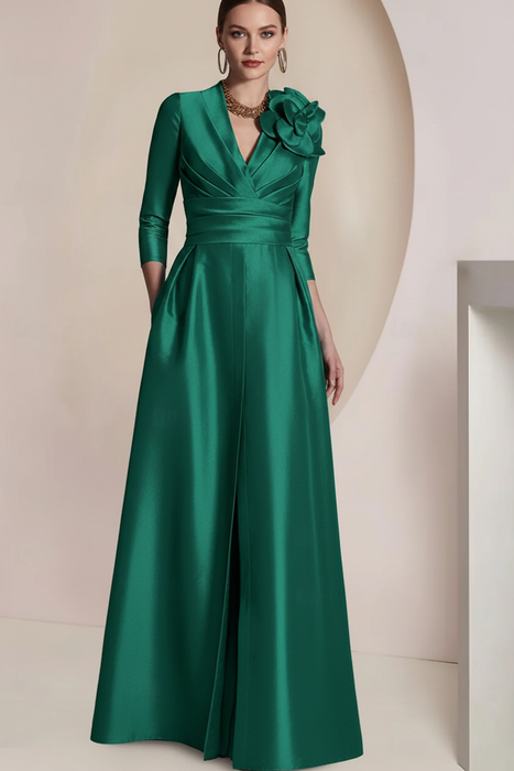Jade Satin V-Neck Mother of the Bride Dress with 3/4 Sleeves with Split Front