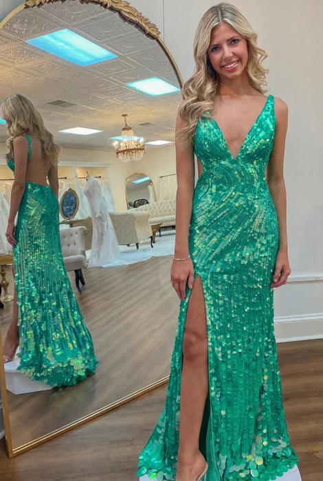 Jade Sequins V Neck Backless Sleeveless High Slit Prom Dress