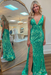 Jade Sequins V Neck Backless Sleeveless High Slit Prom Dress