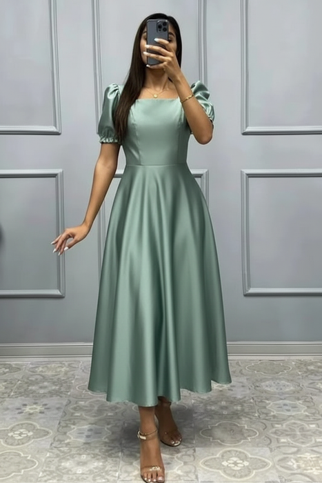 Jade Square Neck A-Line Prom Dress with Short Sleeves