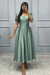 Jade Square Neck A-Line Prom Dress with Short Sleeves