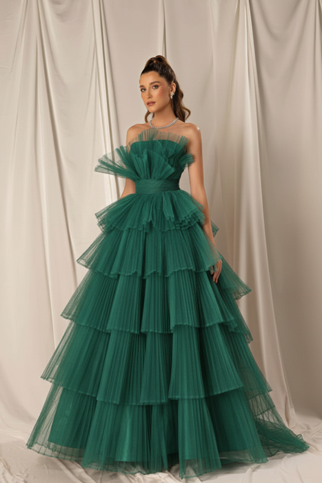 Jade Strapless Mermaid Evening Gown with Layers and Sleeveless Design